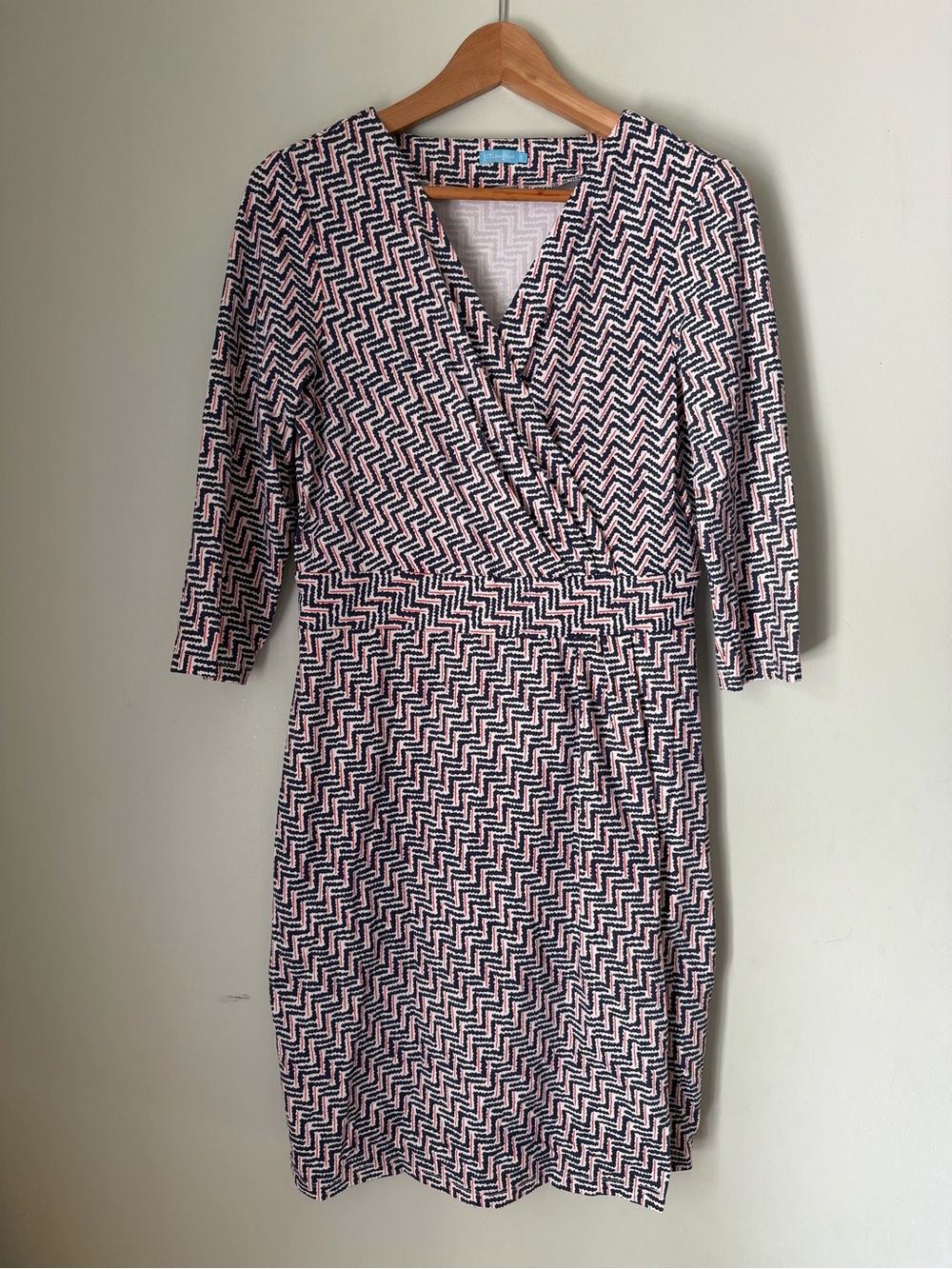 J. McLaughlin Women Small Faux Wrap Dress Blue White Orange Geometric 3/4 Sleeve